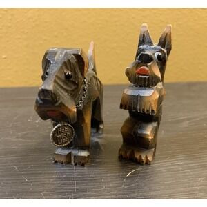 German Hand Carved Wood Scotty Dog Set Hab Mich Lieb Love Me Charm VTG